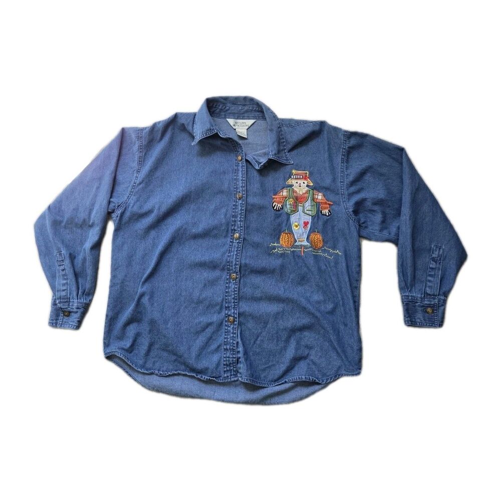 VTG Natural Impressions Scarecrow Embroidered Denim Shirt Pumpkin Fall L GUC